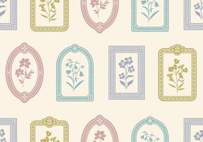 Framed hand-drawn flowers seamless pattern. Vintage ornamental frames and delicate flowers. Botanical wallpaper for packaging, stationery, or textiles. vector