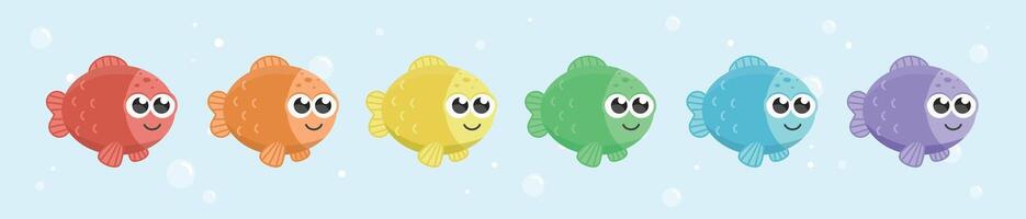 Cute rainbow fish illustrations. Colorful cartoon sea creatures with bubbles. Kawaii style for kids, classroom, stickers, educational projects. Isolated elements. vector