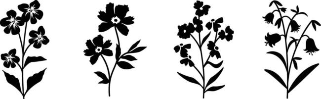 Set of hand drawn vintage flower silhouettes. Wildflower illustrations. Forget me nots, cosmos, wallflower, and bluebell clipart silhouettes. Isolated elements. vector