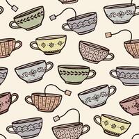 Seamless hand drawn teacup pattern. Cozy, trendy, vintage style illustrated pattern with ornamental tea cups. vector