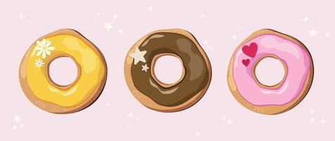 Cute hand drawn donut variety. Whimsical dessert illustration for bakery and cafe branding, stickers, and packaging. Chocolate, pink, and yellow gourmet frosted donuts. Isolated elements. vector