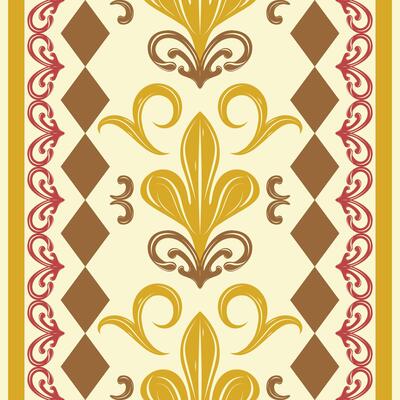 Classic Warm Autumn Banquet Golden Flourish Fleur de lis Traditional Scroll Ornament Geometric Combine Seamless Pattern Border. Yellow Red Brown Theme for Elegance Luxury Decoration Embroidery Scarf