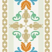 Playful Amalfi Baroque Filigree Foliage Scroll Ornament Exquisite Style Orange Blue Green Gold on White Background. Classy Glamorous Seamless Border Pattern Illustration for Handicraft Neck Tiles Rug vector