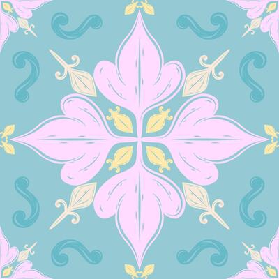 Seamless Sweetly Whimsical Dreams of Blue Sky Pink Pale Yellow Beautiful Ornament. Heavenly Florals Blooming Repeat Pattern for Elaborate Luxury Royal Decoration Winter Textiles Apparel Tiles Ceramic