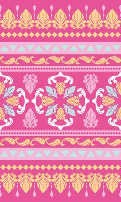 Brilliant Gorgeous Batik Arabic Seamless Border Pattern. Baroque Inspired Ornament Pink Yellow Sky Golden Luxury Style Embellishment Delicate Design for Wallpaper, Hand Drawn, Textiles, Fabric Print