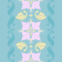 Flow and Fly Floral Petal Pattern Border Intricate Silk Weaves on Pastel Tones Pink Yellow Blue Seamless Design. Elegance Adorable Sweet Dream Scroll Ornament Haute Couture For Fabrics Embroidery Lace vector