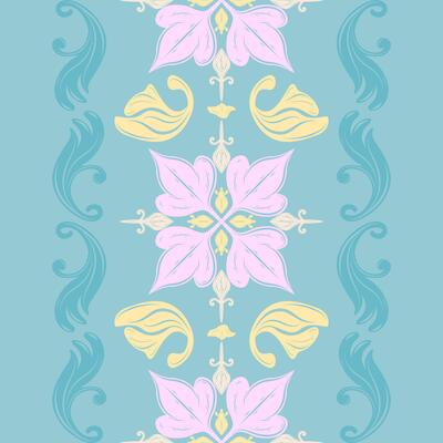 Flow and Fly Floral Petal Pattern Border Intricate Silk Weaves on Pastel Tones Pink Yellow Blue Seamless Design. Elegance Adorable Sweet Dream Scroll Ornament Haute Couture For Fabrics Embroidery Lace