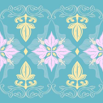 Classical Flourish Medieval Refreshing of Victorian Baroque Sweet Dream Color. Elegance Seamless Border Pattern with Pink Yellow Blue Hand Drawn Beautiful Fine Flowing Detailed for Tiles Ceramic Batik