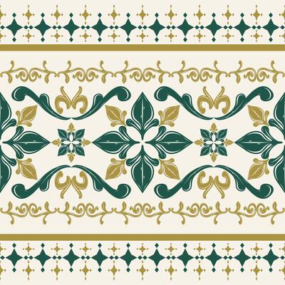 Delicate Embroidery Design Florals Ornament Deep Green Gold Geometric Combine Motif Style Seamless Border Pattern on White Background. Magnificent Flawless Royal Blooming for Textiles Fashion Ceramics