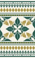 Intricate Detailed Ancient and Modern Thai Silk with Elaborate Design. Scroll Geometric Ornament Blooming Royal Gold Deep Green Vintage Style for Luxury Clean Art Work Perfect for Spa Interior Textile vector