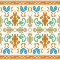 Amalfi Botanical Playful Delight Color Hand Drawn Medieval Scroll Ornament with Blue Green Orange Gold on White Background. Luxury Spring Season Blooming for Fabric Tiles Mosaic Silk Textile Fashion vector