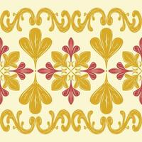 Charming Baroque Art Deco Abstract Nature Inspired Curly Scroll Ornament Seamless Border Pattern with Red Gold on Light Yellow Background. Delicate Deluxe Luxury Autumn Mattress Carpet Fashion Clothes vector