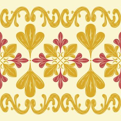 Charming Baroque Art Deco Abstract Nature Inspired Curly Scroll Ornament Seamless Border Pattern with Red Gold on Light Yellow Background. Delicate Deluxe Luxury Autumn Mattress Carpet Fashion Clothes