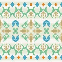 Baroque Rococo Seamless Border Pattern with Cool Refreshing Bright Warm Color Blue Green Gold Orange on White Background. Luxury Elaborate Handicraft Rich Textiles Fabrics Medieval Style Garment Scarf vector