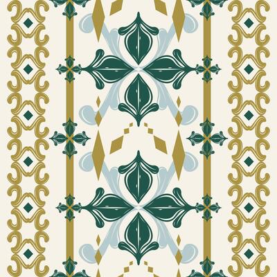 Whimsical Gorgeous Seamless Border Pattern with Intricate Geometric Scroll Florals Ornament Luxury Oriental Style. Detailed of Golden Silk Weaves Deep Emerald Green On White Background Prints Tiles