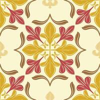 Autumn Inspired Red and Golden Maple Leaves Medieval Rococo Style Seamless Pattern on Light Yellow Background. Delicate Warmth Sunset Botany for Luxury Elegance Design Tiles Wallpaper Curtain Shirt vector