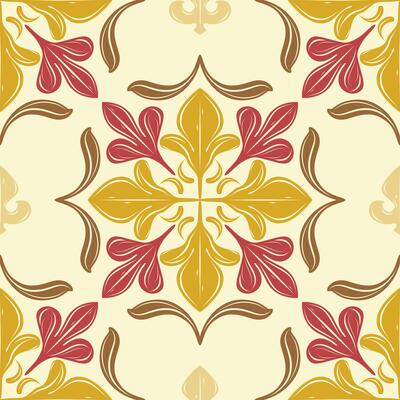 Autumn Inspired Red and Golden Maple Leaves Medieval Rococo Style Seamless Pattern on Light Yellow Background. Delicate Warmth Sunset Botany for Luxury Elegance Design Tiles Wallpaper Curtain Shirt