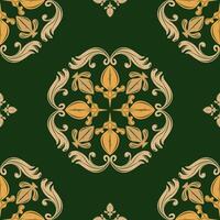 Classic Beautiful Damask Embellishment Doilies Filigree Elegance Decorative Design with Gold Element on Deep Green Florals Seamless Pattern. Delicate Repeat Rich Detailed Wallpaper Tiles Card Carpet vector