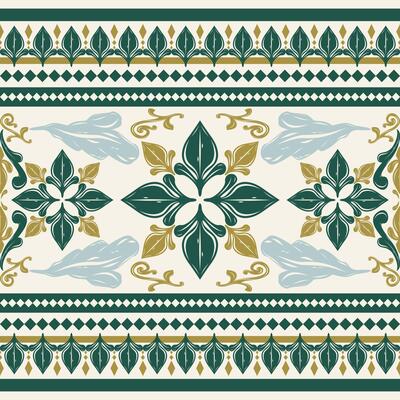 Fabulous Intricate Beautiful Florals Ornament Geometric Combine Deep Green And Gold Royal Design Silk Weaves Filigree Scroll Seamless Border Pattern on White Background. Elaborate Luxury Thai Style