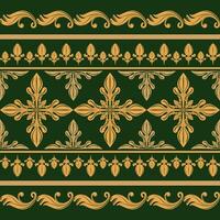 Historical Flawless Classic Elaborate Baroque Seamless Border Pattern Golden Silk Weaves Scroll Ornament Florals Filigree on Royal Deep Green Luxury Style for Wallpaper Embroidery Marble Gypsum Fabric vector