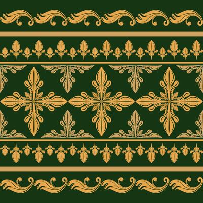 Historical Flawless Classic Elaborate Baroque Seamless Border Pattern Golden Silk Weaves Scroll Ornament Florals Filigree on Royal Deep Green Luxury Style for Wallpaper Embroidery Marble Gypsum Fabric
