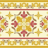 Modern Classic Medieval Decorative Autumn Inspired Red and Gold Maple Leaf Elegance Rich Scroll Geometric Ornament Seamless Border Pattern. Warm Adorable Ultra Luxury Embroidery Fabric Textile Mosaic vector