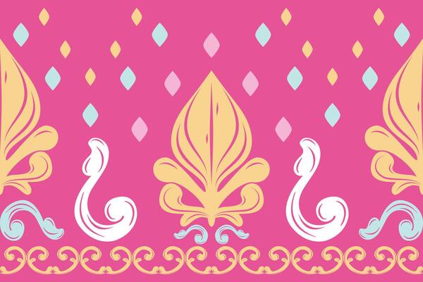 Elegance Indian Art Flourish Colorful Fabulous Element Seamless Border Pattern Magnificent Elaborate Blue White Pink Yellow Geometric Diamond Scroll Ornament for Interior Embroidery Clothes Dress Silk
