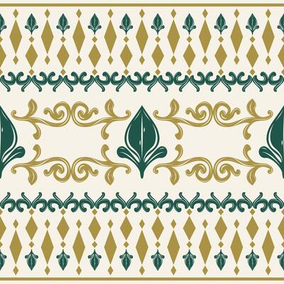 Beautiful Digital Art Scent of Antique Luxury Gold Emerald Green on White Background Delicate Baroque Seamless Border Pattern. Expensive Rich Opulence Wealth Geometric Style Fabrics Textiles Thai Silk