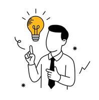 Businessman with idea. Businessman pointing to light bulb. Businessman with new idea. Businessman showing creativity. vector