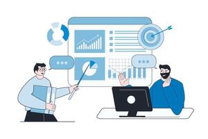 Online business analytics concept team of employees brainstorming on data analysis. vector