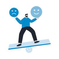 mindful calm man using her hand to balance smile and sad face. Emotional intelligence, balance emotion control concept. vector