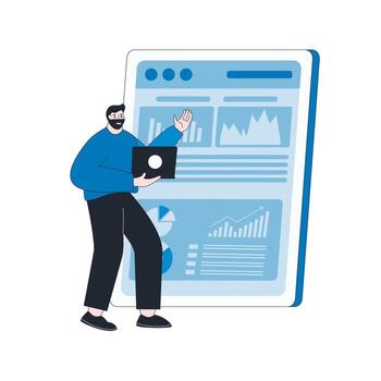 gerente en pie cerca analítica gráfico en tableta, equipo de empleados lluvia de ideas en datos análisis vector