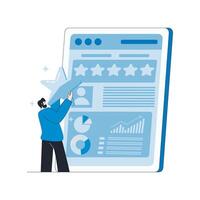 Illustration of a businessman holding a big star to give a review into a tablet that displays employee statistics in the concept of employee satisfaction. vector
