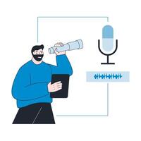 Man holding a tablet and looking through a telescope, surrounded by a microphone. Ideal for innovation, creativity, leadership, analysis, exploration, strategy, vector