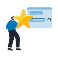 Illustration of a businessman holding a big star to give a review. employee statistics in the concept of employee satisfaction. vector