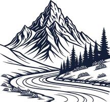 Majestic mountain range with winding river and pine trees vector