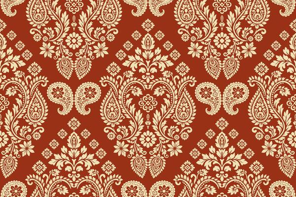 Seamless ethnic ikat paisley floral pattern with Indian Aztec boho border motifs, traditional embroidered fabric design for wallpaper, textile, clothing, and decorative surface elements.