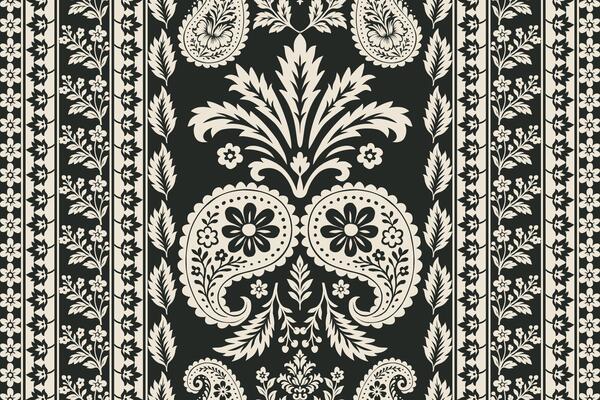 Seamless ikat floral pattern with ethnic paisley damask embroidery design, perfect for traditional fabric, textile, clothing, surface decoration, abstract illustration art.