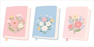 Cute art of pastel books with floral illustrations vector