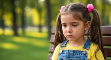 Close up of a sad little girl crying with tears on her face sitting on a park bench photo