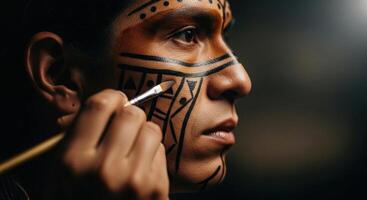 Close up profile of a man applying intricate tribal face paint with a brush photo