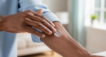 Close up of a human hand applying moisturizing cream to dry skin on a dark forearm photo