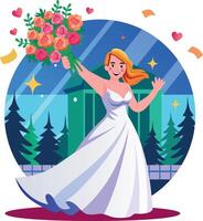 A flat style illustration showing a bride holding wedding bouquet vector