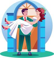 A flat style illustration showing a groom carrying bride vector