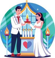 A flat style illustration showing couple lighting candles vector