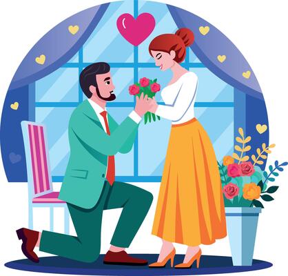 A flat style illustration showing a person proposing to her girlfriend