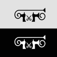 Barber shop logo design with scissors and mustache illustration in black and white background vector