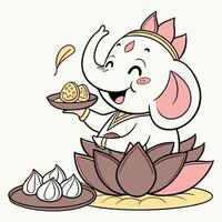 Cheerful elephant with sweets and lotus cartoon illustration vector
