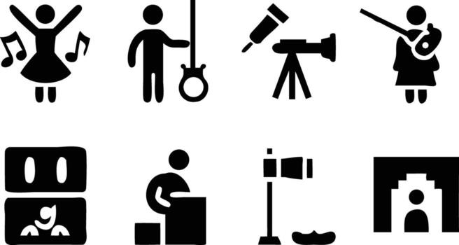 Dancing person guitar player telescope person with banjo robot face person with boxes flag with vector