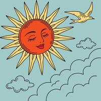 Smiling sun with bird and clouds face smile vector